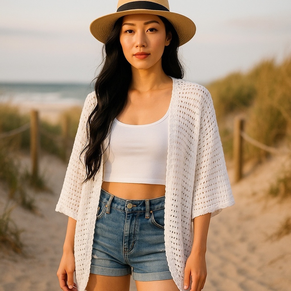 Jones New York Coastal Cotton Crochet Cardigan White  Beach Coverup Vacation  XL